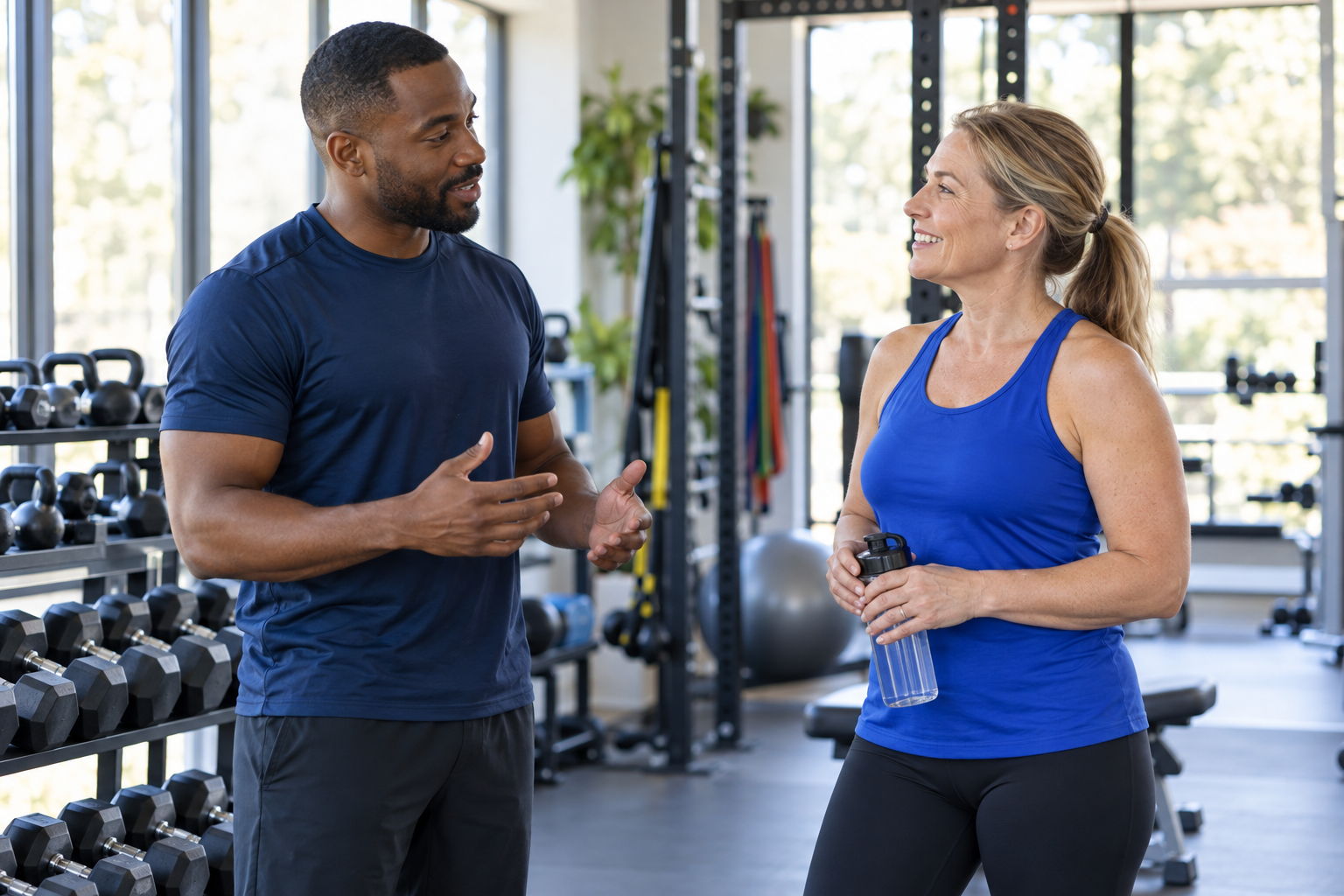 Illustrative trainer and adult discussing fitness in a gym.