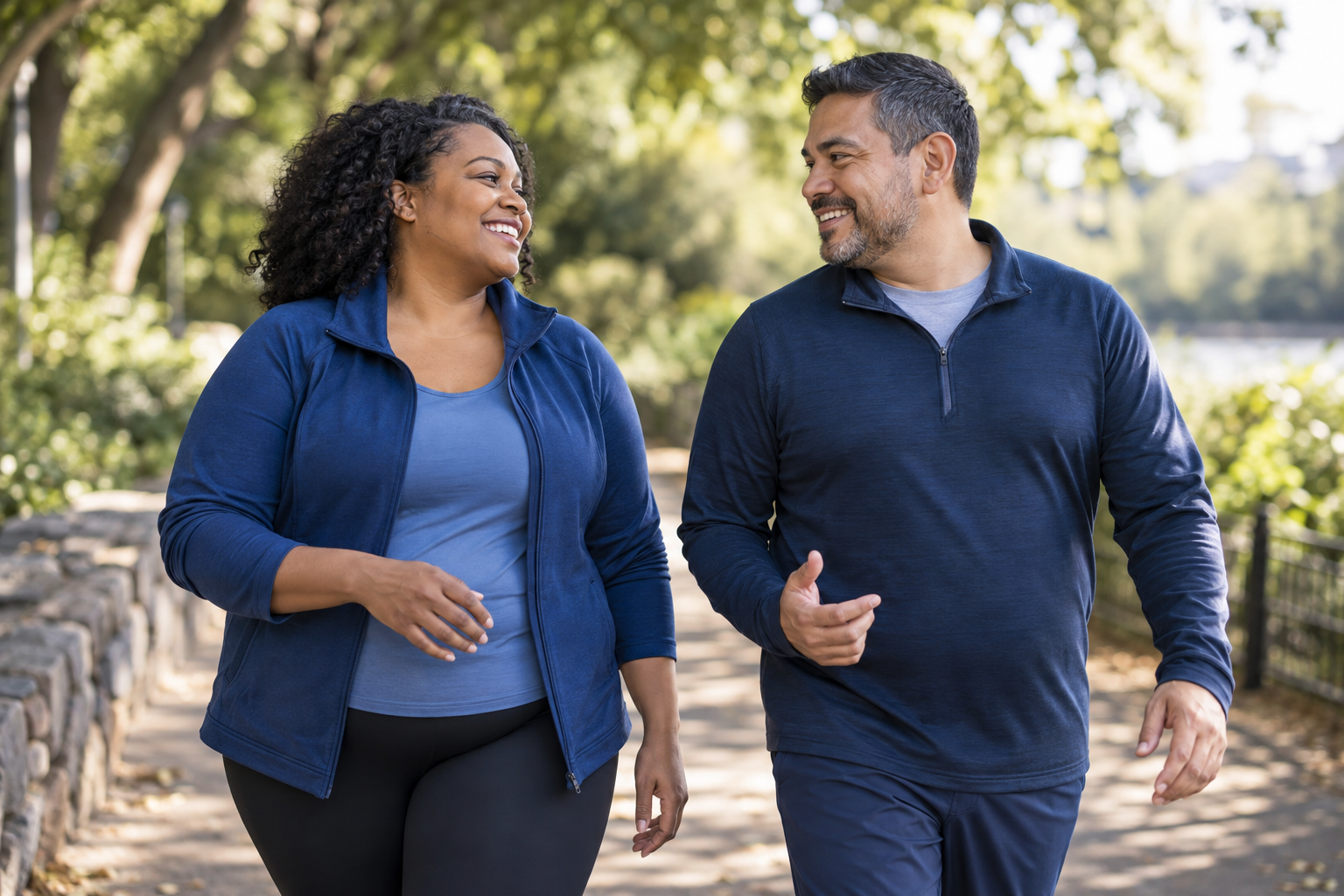 Two adults enjoying a conversation on a park walking path.
