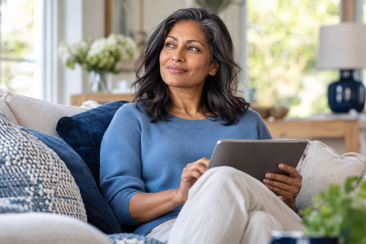 Illustrative adult woman seated with a tablet at home.