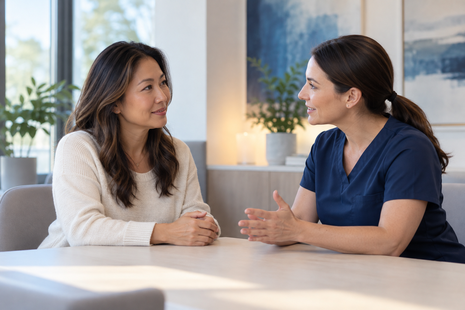 Illustrative conversation between an adult and a clinician.