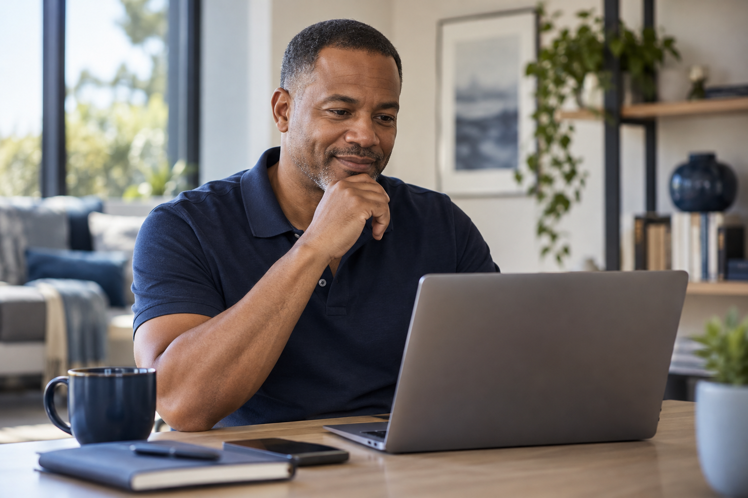 Illustrative adult man using a laptop at home.